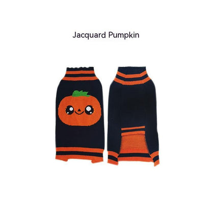 Cozy black and orange Halloween dog sweater with cute smiling pumpkin design and striped edges
