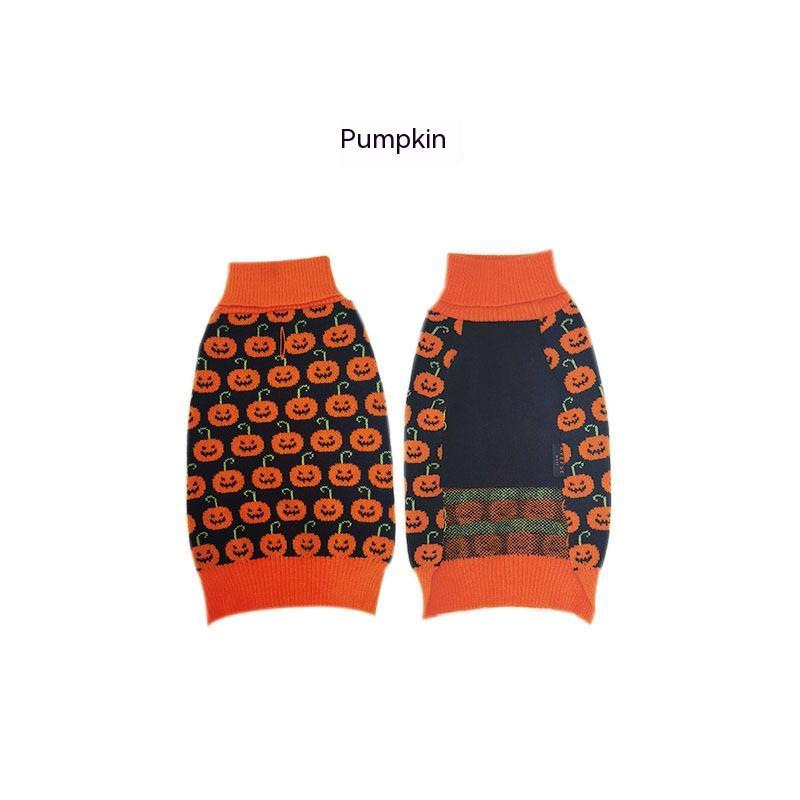 Orange and black Halloween dog sweater with pumpkin pattern and cozy ribbed neck and hem
