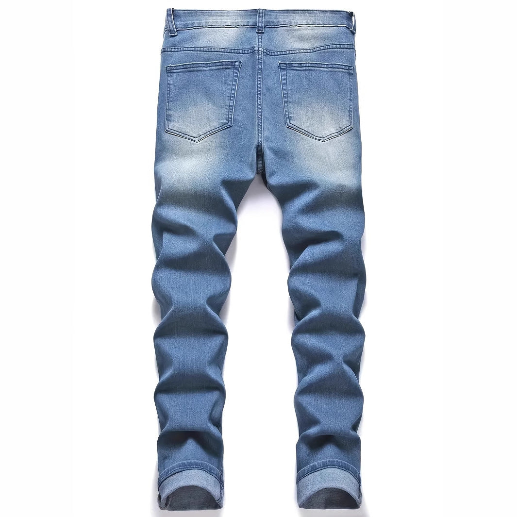 Back view of peacock blue men's ripped straight leg jeans with medium elastic fit on white