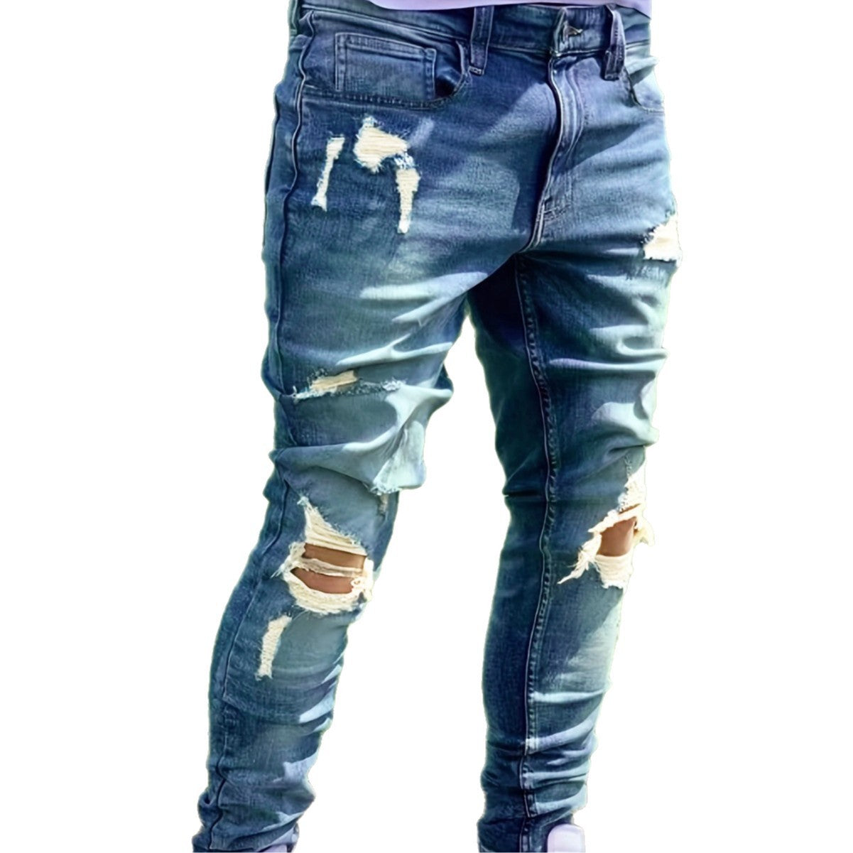 Men's peacock blue ripped jeans with straight leg and medium elastic fit