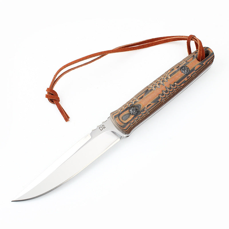 D2 steel folding survival knife with patterned brown and black G10 handle and leather lanyard
