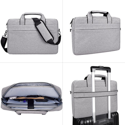 Gray 15.6-inch laptop briefcase with detachable shoulder strap, multiple compartments, and luggage strap