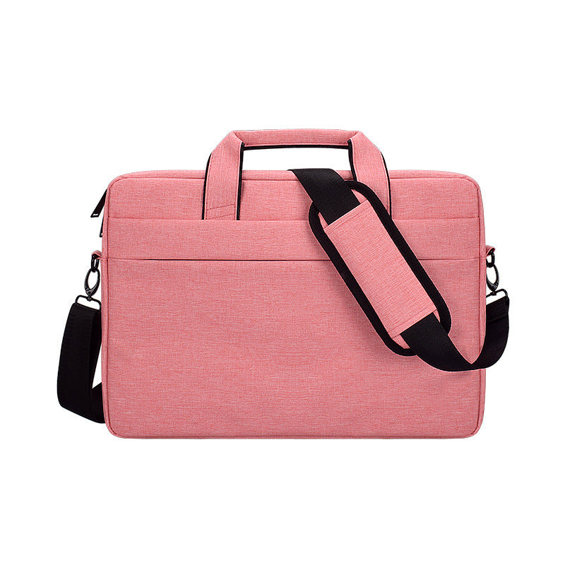Pink 15.4-inch Oxford laptop shoulder bag with soft handle and black adjustable strap