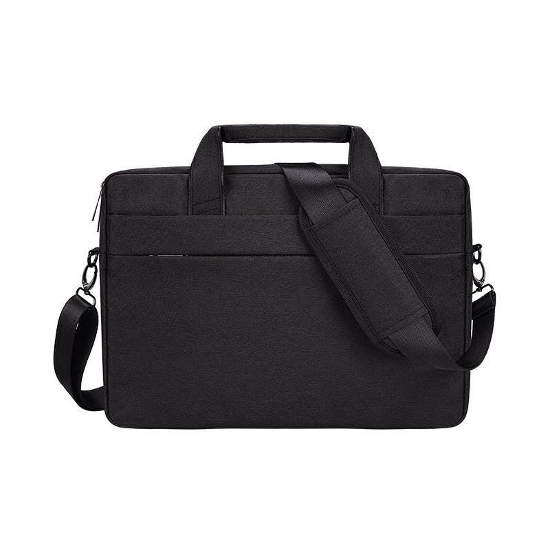Black durable laptop shoulder bag with matte finish, soft handle, and adjustable strap