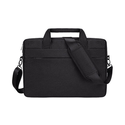 Black durable laptop shoulder bag with matte finish, soft handle, and adjustable strap