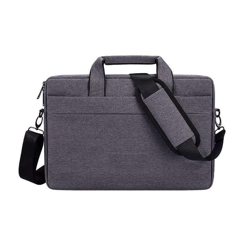 grey fabric laptop briefcase with padded handle and adjustable shoulder strap