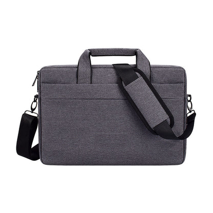 grey fabric laptop briefcase with padded handle and adjustable shoulder strap