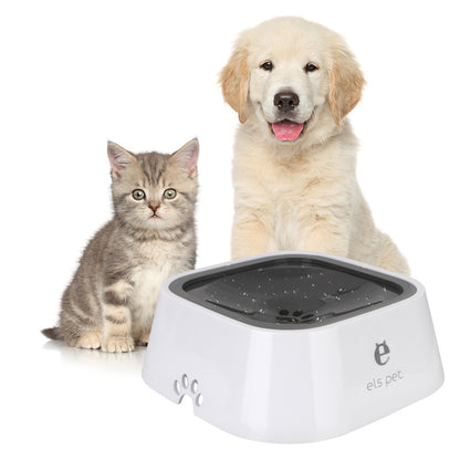 Gray tabby kitten and golden retriever puppy next to white Els Pet water bowl with paw print design