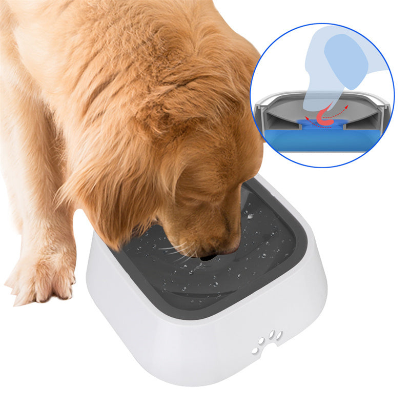 Golden retriever drinking from a white and gray non-spill pet water bowl with anti-overflow design
