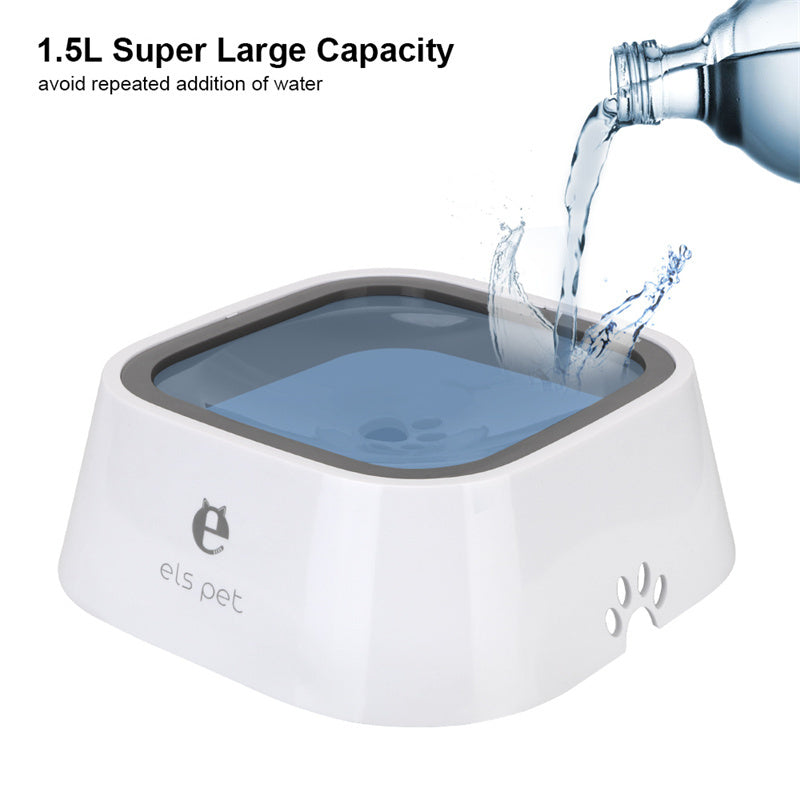 White Els Pet water bowl with 1.5L capacity, paw print design, and water being poured in