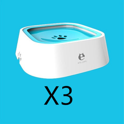 White and blue anti-overflow pet bowl with paw print design on a blue background, set of 3