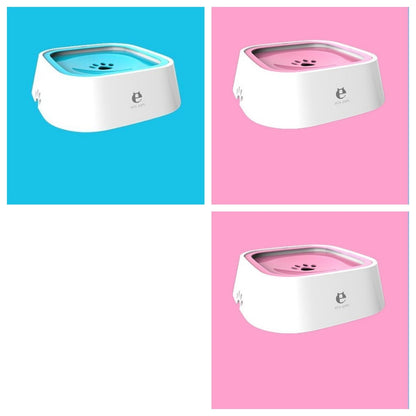 White pet bowls with blue and pink anti-overflow slow feeder inserts on colorful backgrounds