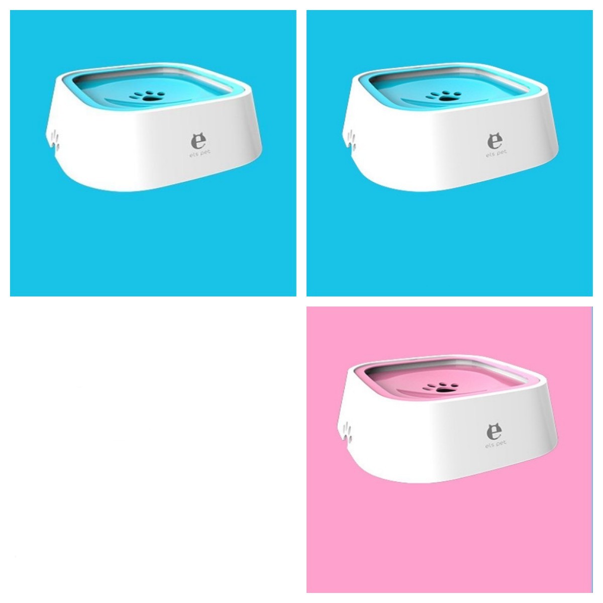 White pet slow feeder bowls with non-slip base in blue and pink, paw design, on colorful backgrounds