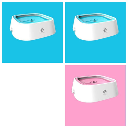 White pet slow feeder bowls with non-slip base in blue and pink, paw design, on colorful backgrounds