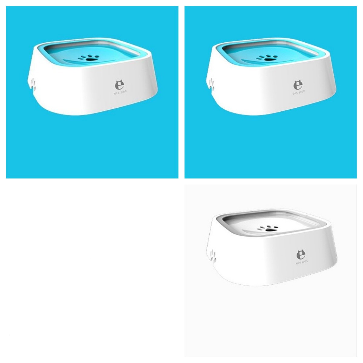 White and blue slow feeder pet bowl with paw print design and anti-slip base shown from three angles