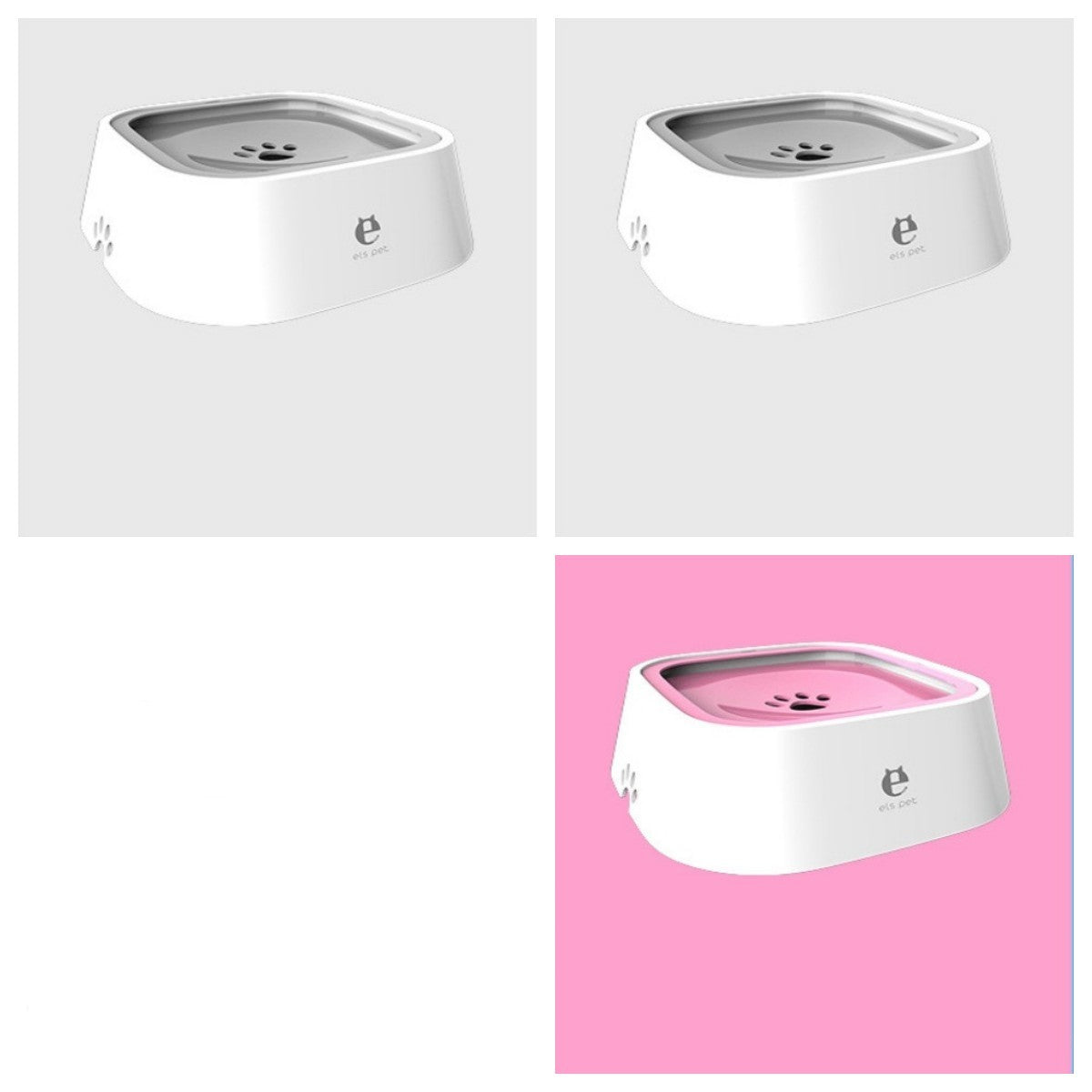 White square pet bowl with pink slow feeder insert and non-slip base on pink background