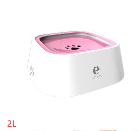 Pink anti-overflow slow feeder pet bowl with non-slip white base and paw design, 2L capacity