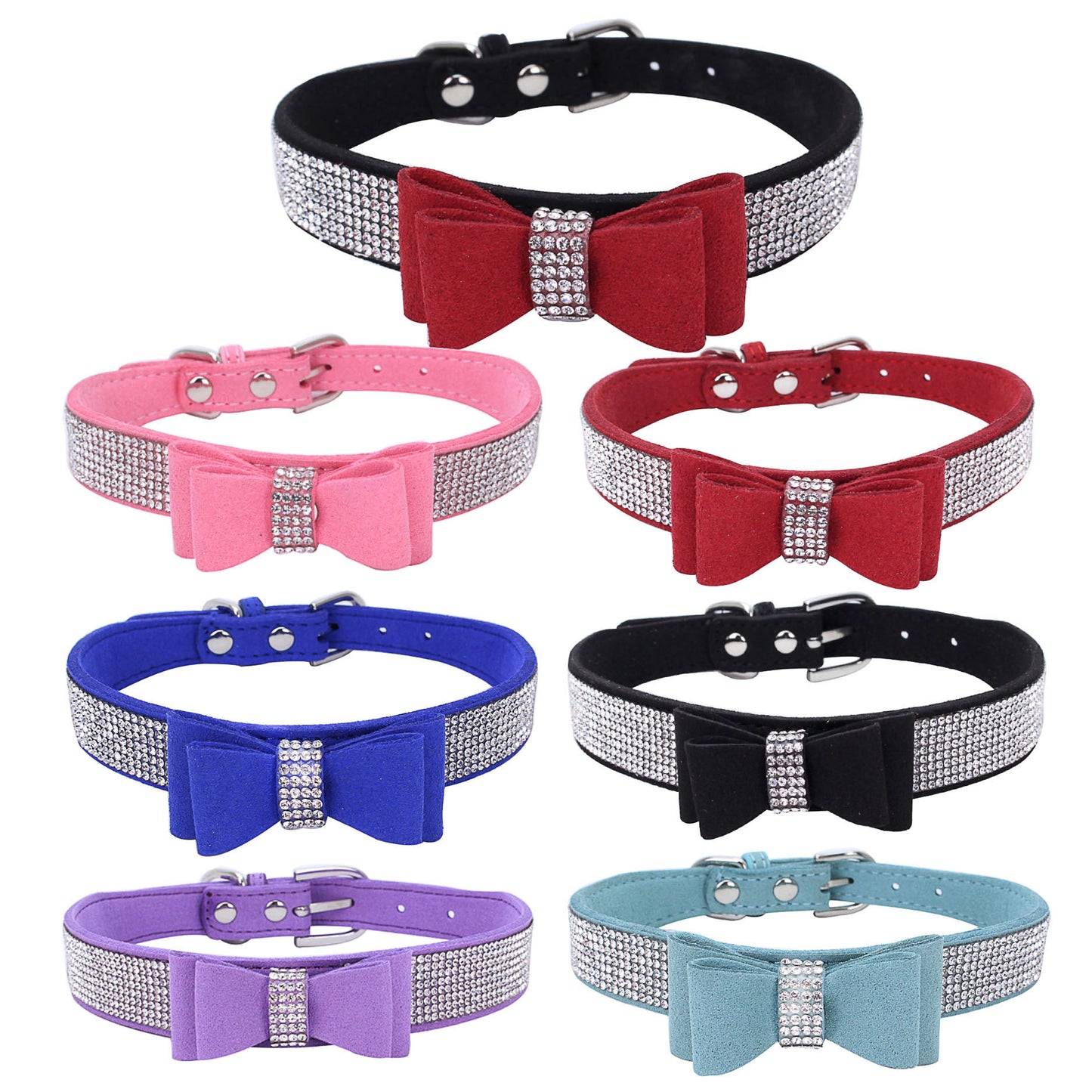 Seven rhinestone suede pet collars with bow ties in black, pink, red, blue, purple, and light blue colors