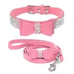 Pink rhinestone suede cat and dog collar set with sparkle bow and durable zinc buckle