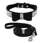 Black rhinestone suede pet collar with bow and matching leash featuring durable zinc buckle