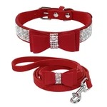 Pink rhinestone suede cat and dog collar set with sparkly bow and durable zinc buckle