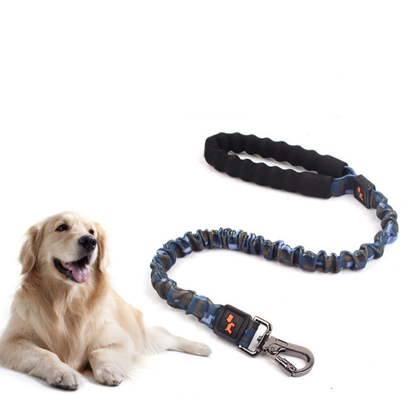 Blue camouflage nylon shock-absorbing dog leash with black padded handle and silver clasp