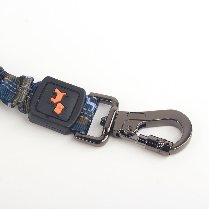 Blue camouflage nylon dog leash with black metal clip and orange dog logo