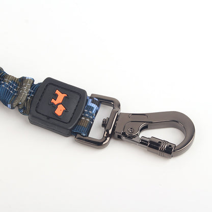 Blue camouflage nylon dog leash with black metal clip and orange dog logo