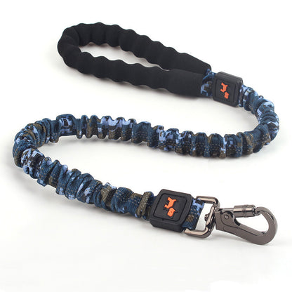 Blue camouflage nylon shock-absorbing dog leash with padded handle and metal clasp