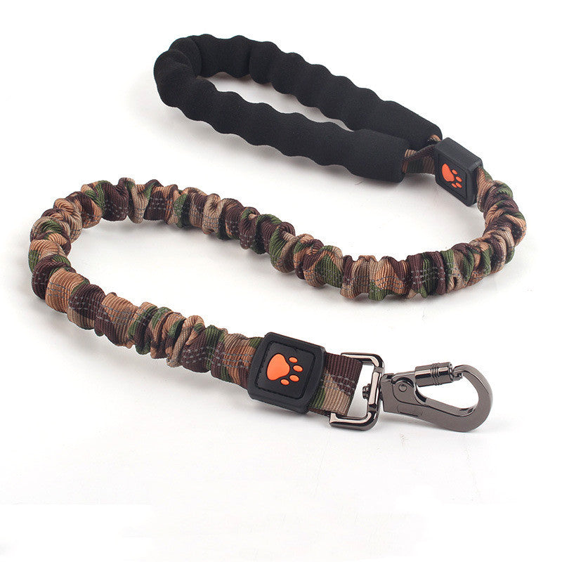 Camouflage pattern elastic dog leash with shock-absorbing padded handle and metal clip