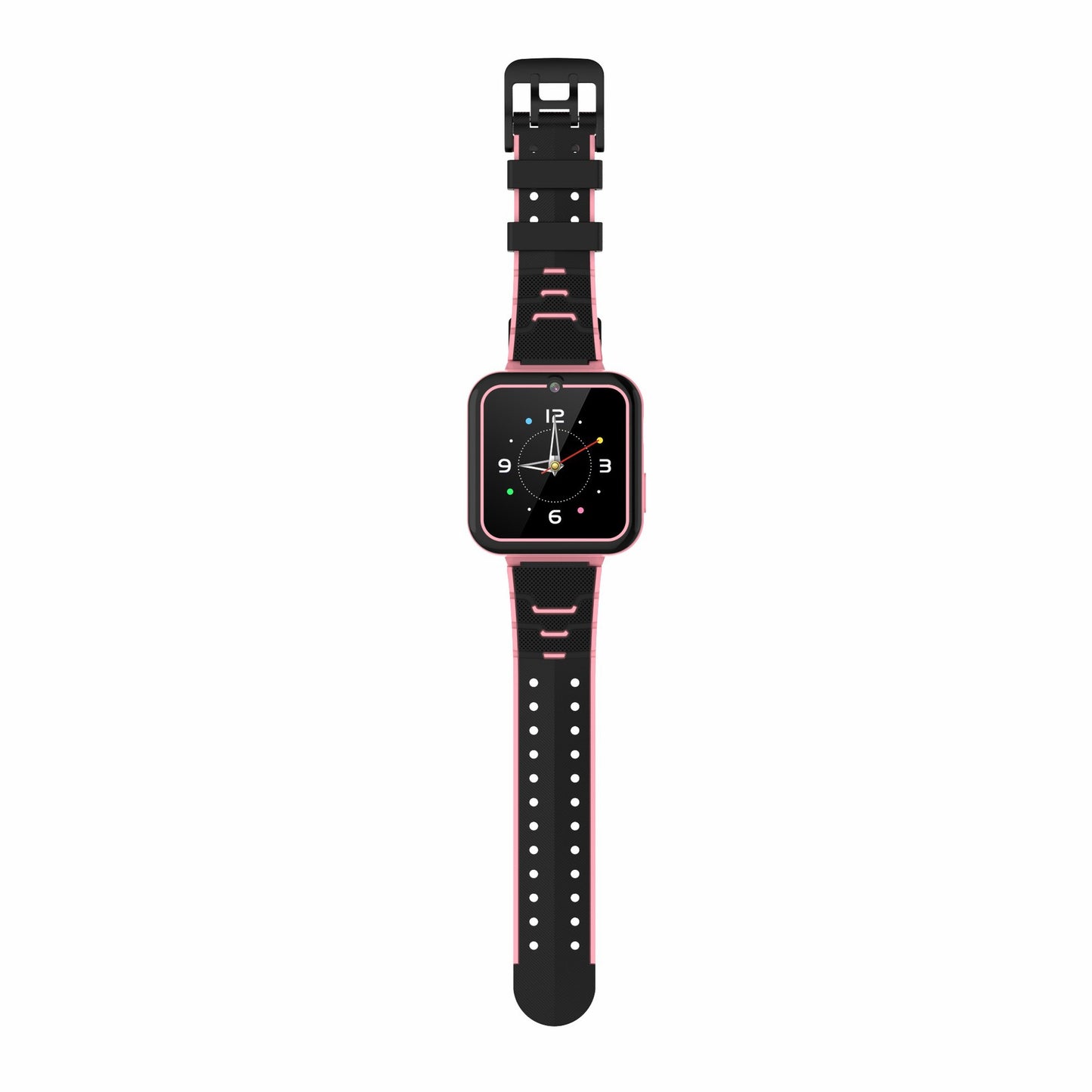 Pink children's smartwatch with black silicone band and digital analog clock face