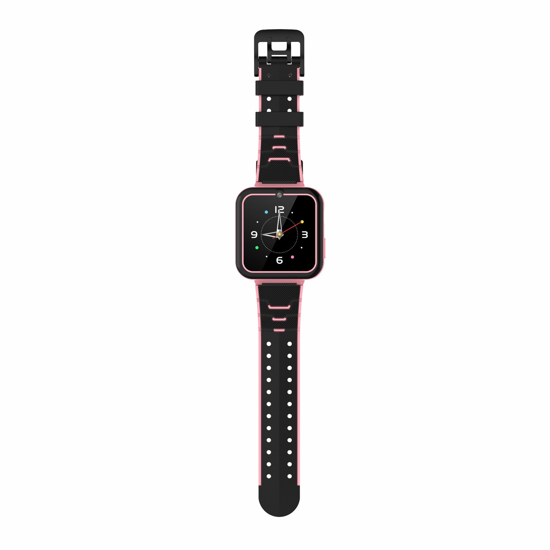 Pink children's smartwatch with black silicone band and digital analog clock face