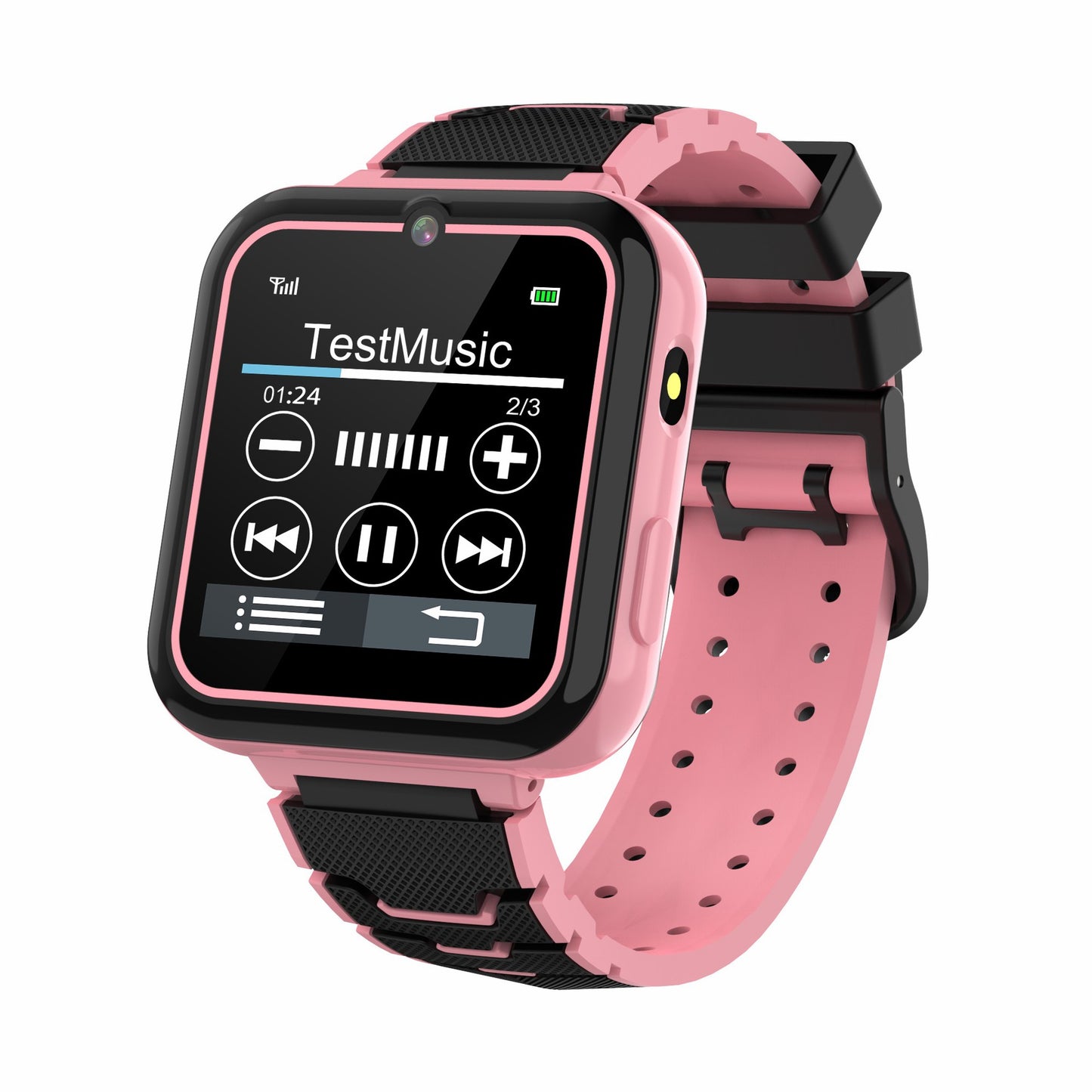 Pink children's smartwatch with black accents showing music player interface on screen