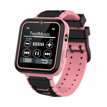 Pink children's smartwatch with black accents showing music player interface on screen