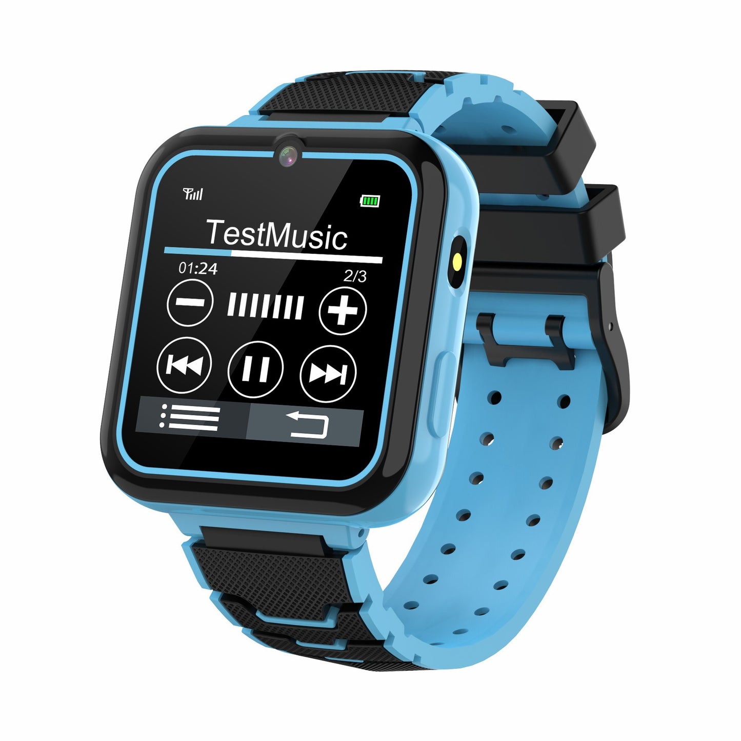 Blue and black kids smartwatch displaying music player interface with play, pause, and volume controls