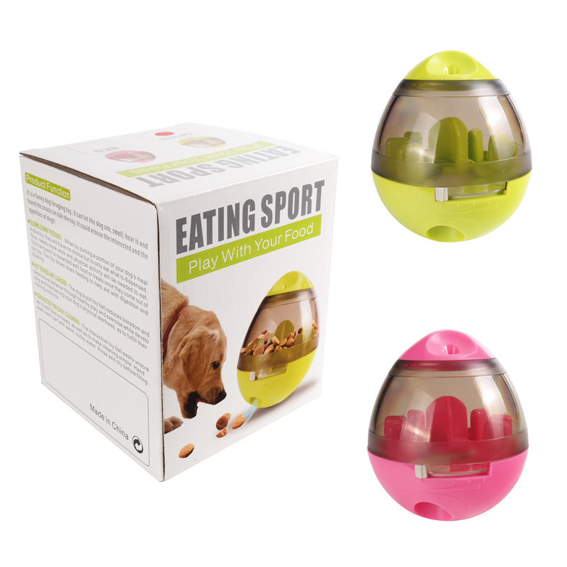 pink and green dog slow feeder treat ball toys with packaging box and dog image