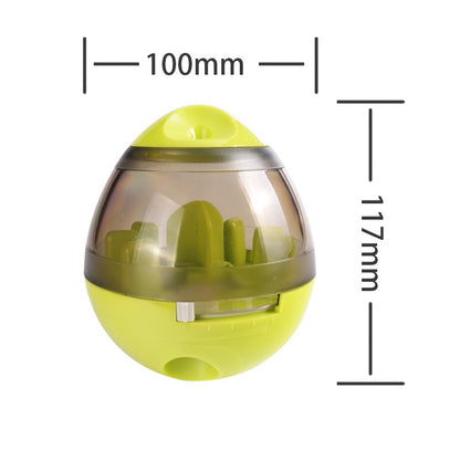Green and transparent pet slow feeder toy ball with 100mm width and 117mm height dimensions