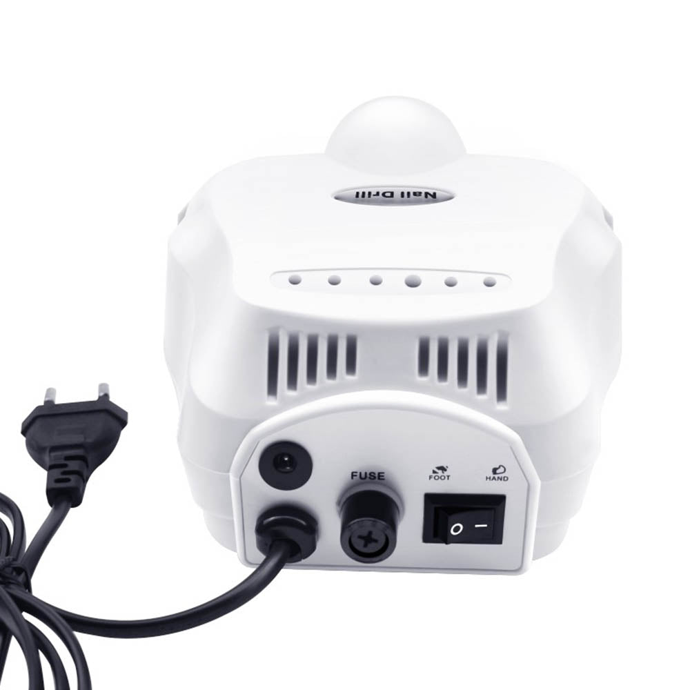 White electric nail drill machine with power switch, fuse port, and black cord plug