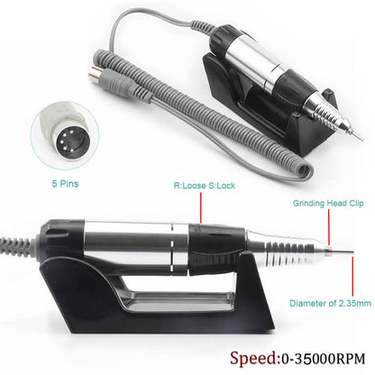 Electric nail drill with 5-pin connector, grinding head clip, 2.35mm diameter, and 0-35000 RPM speed