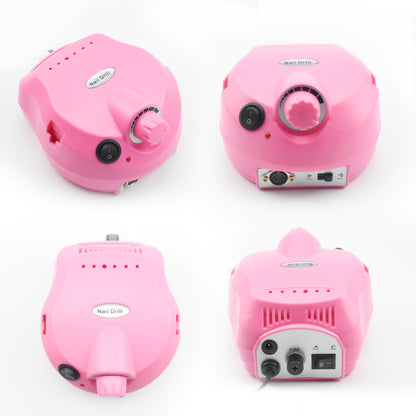 Pink electric nail drill machine shown from multiple angles with control knob and power switch