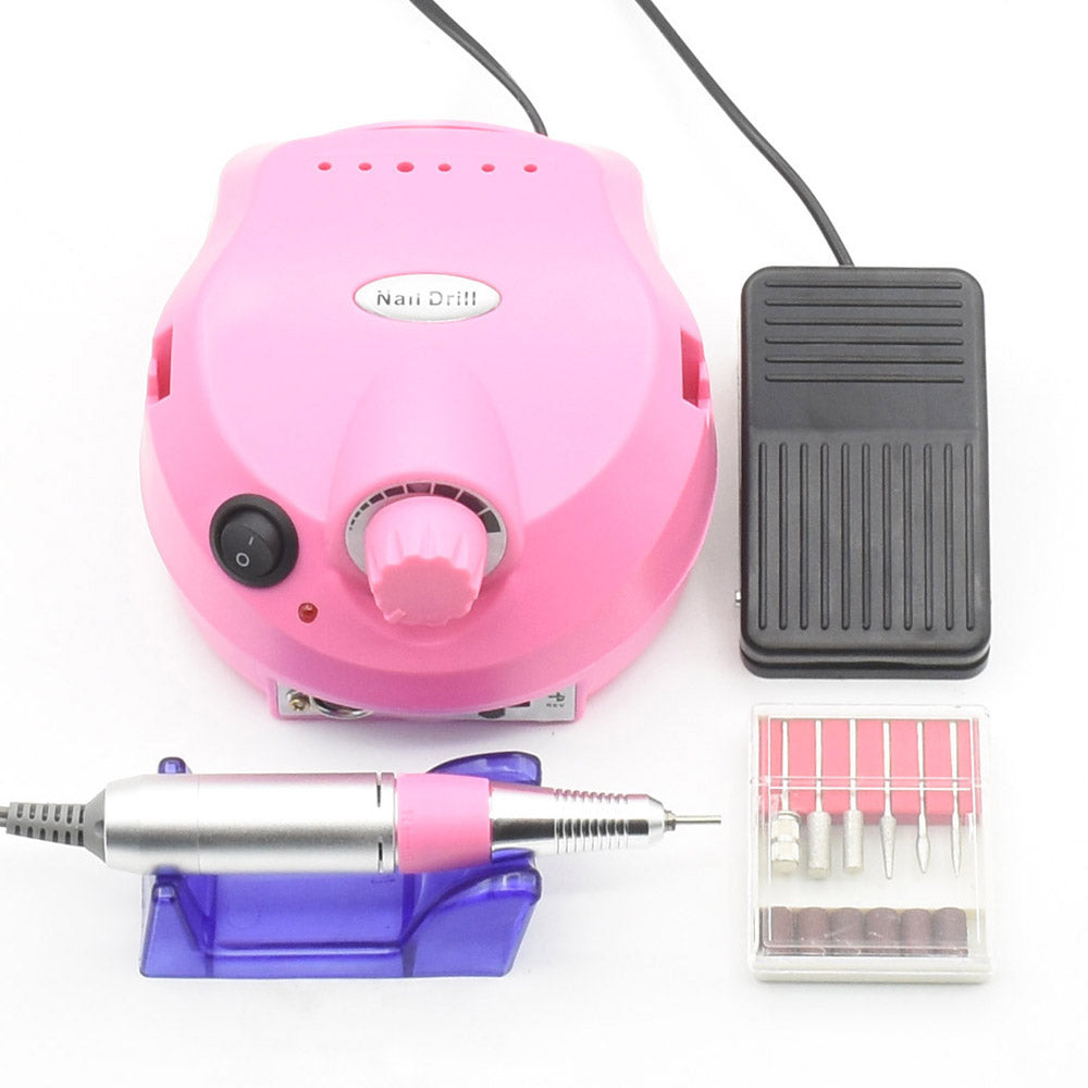Pink electric nail drill machine with speed control, foot pedal, handpiece, and nail drill bits set