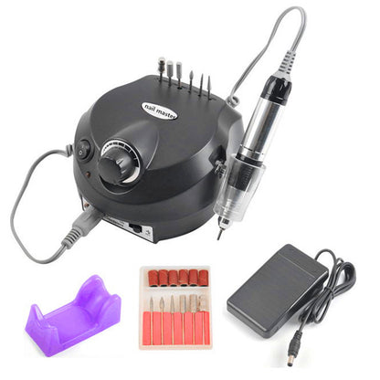 black electric nail drill machine with handpiece, six drill bits, purple finger rest, sanding bands, and black power adapter