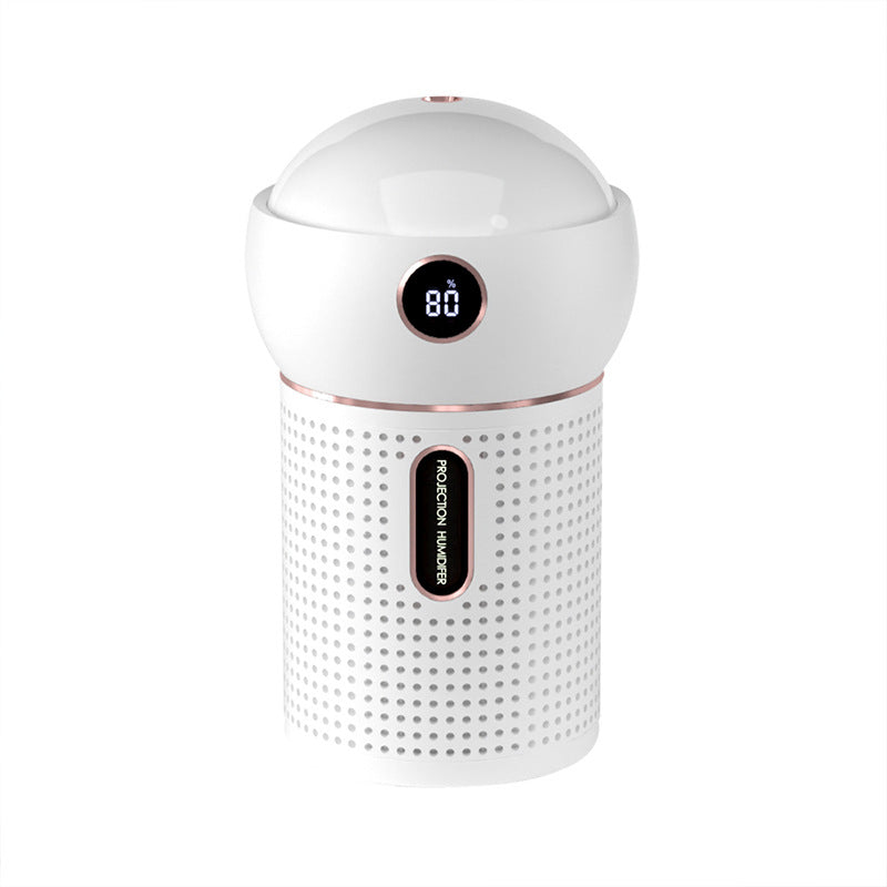 White projection humidifier with perforated design and digital humidity display showing 80%