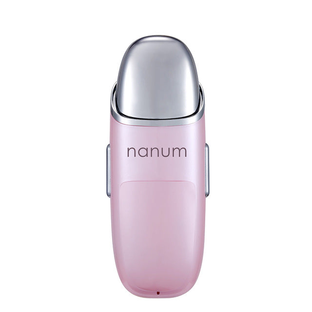 Pink Nanum portable nano mist sprayer facial hydrator with silver cap on white background