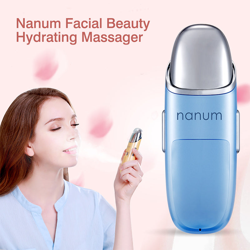 Nanum facial beauty hydrating massager in blue with woman using portable nano mist sprayer