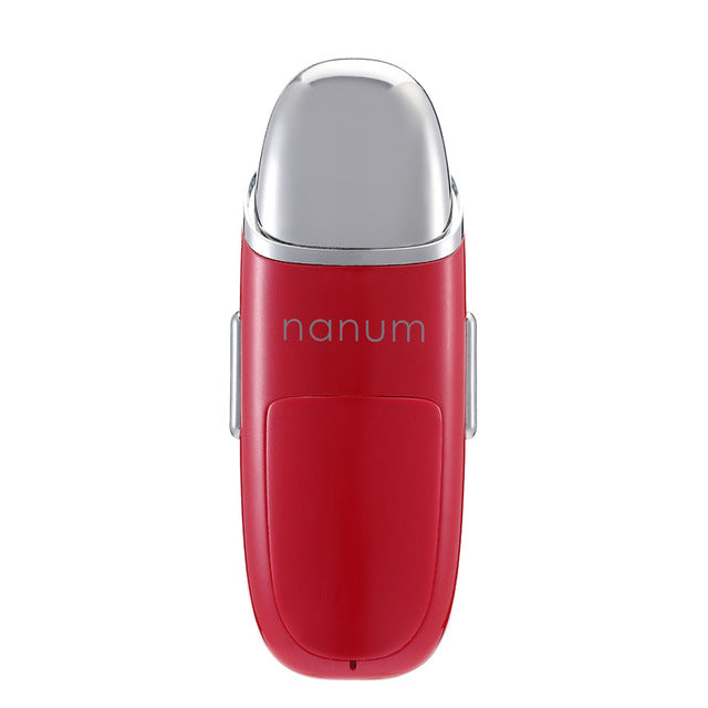 Red nanum portable facial mist sprayer with silver top on white background