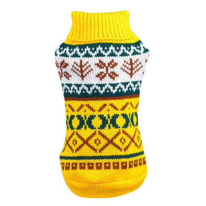 Yellow knit dog sweater with geometric and leaf patterns, cozy winter pet apparel