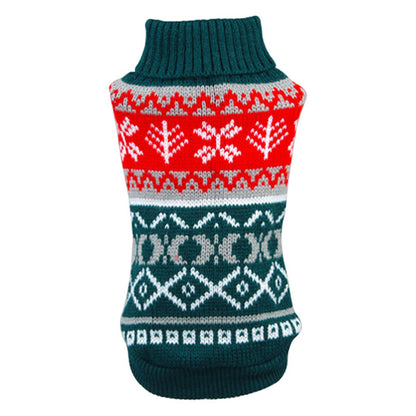 Knitted dog sweater with red, green, and white Nordic pattern and turtleneck design