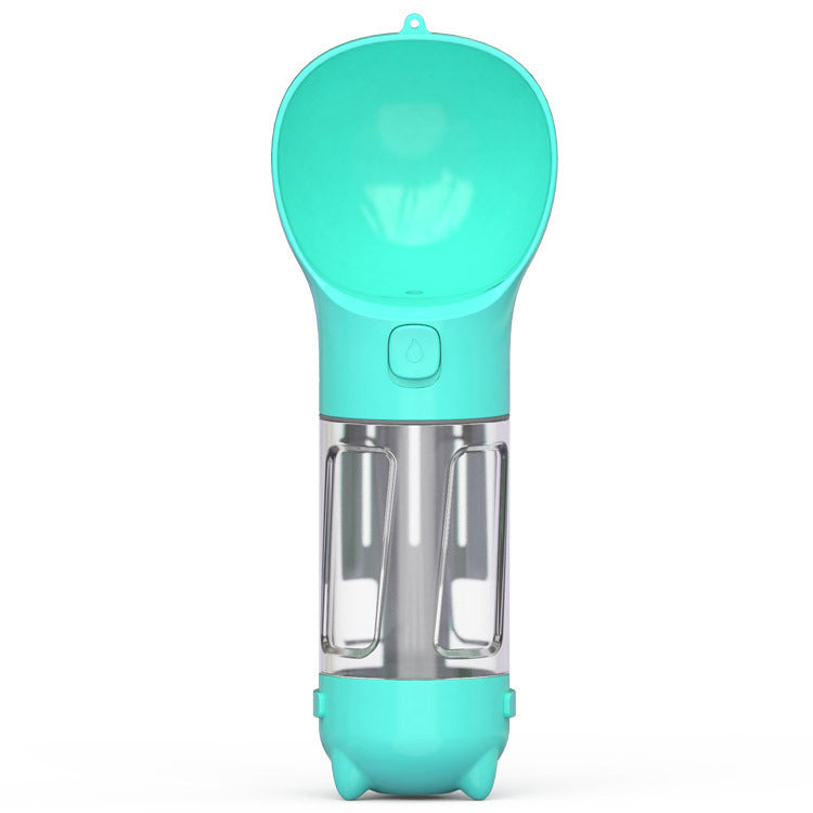 turquoise portable pet water bottle with attached water bowl and push button dispenser