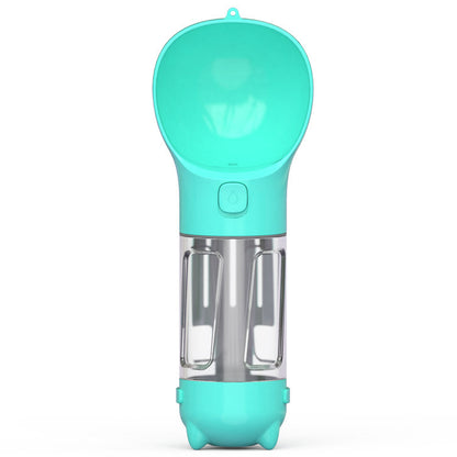 turquoise portable pet water bottle with attached water bowl and push button dispenser